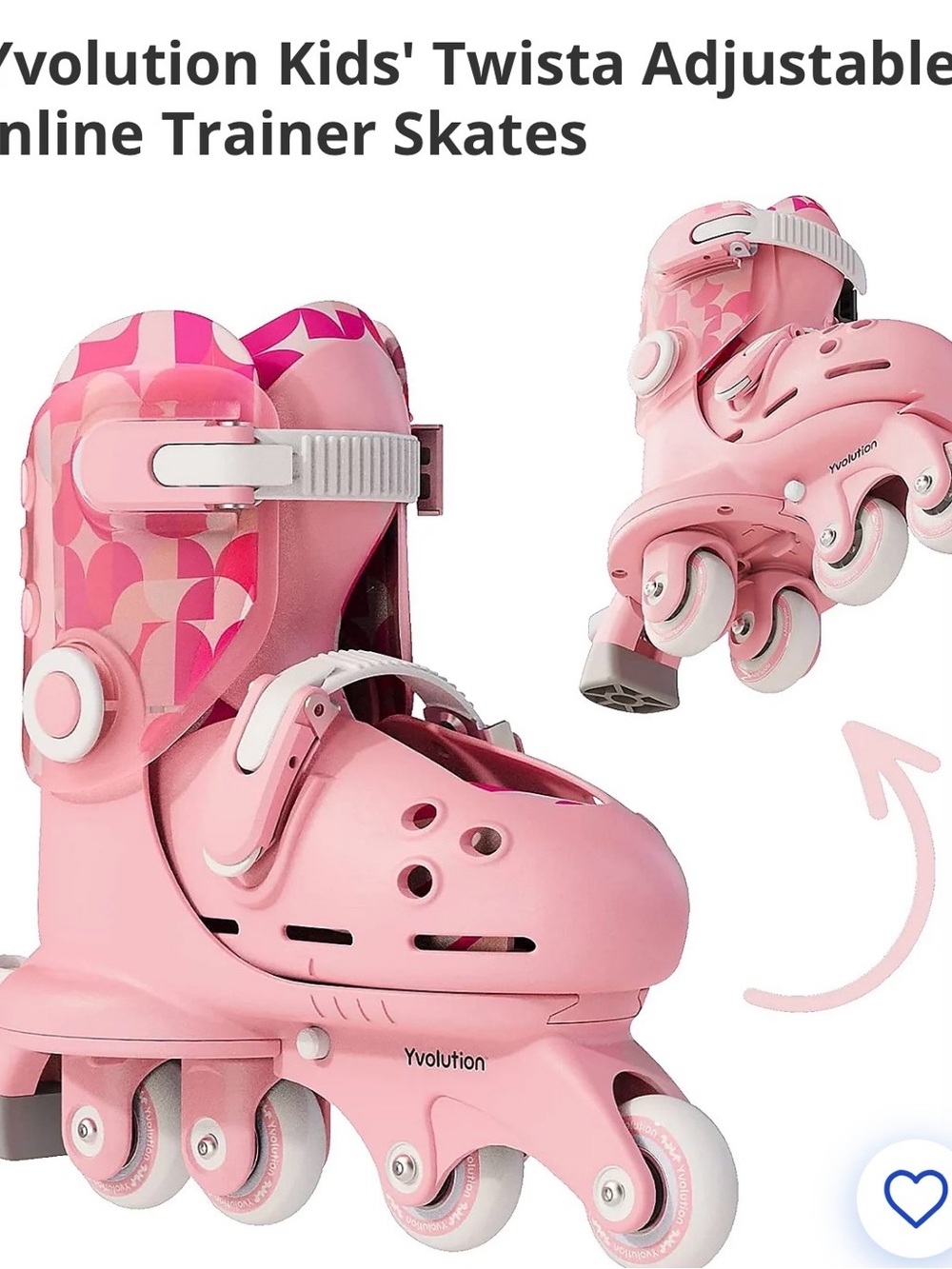 Yvolution Kids' Twista Adjustable Pink Inline Trainer Skates. Size 7-11c